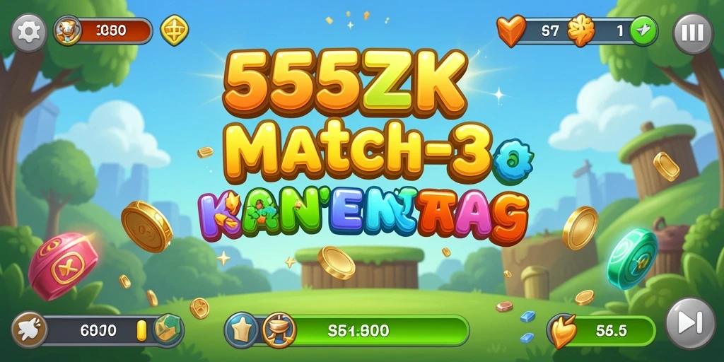 Screenshot 555ZK menampilkan aksi gameplay Match-3 yang mendebarkan.