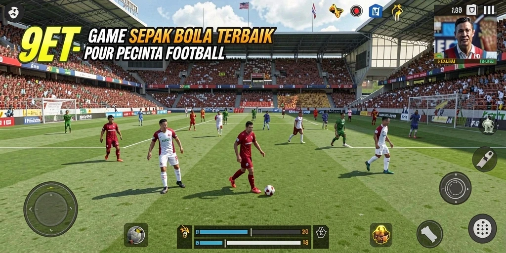 Screenshot utama 9ET menampilkan aksi intens di lapangan sepak bola.