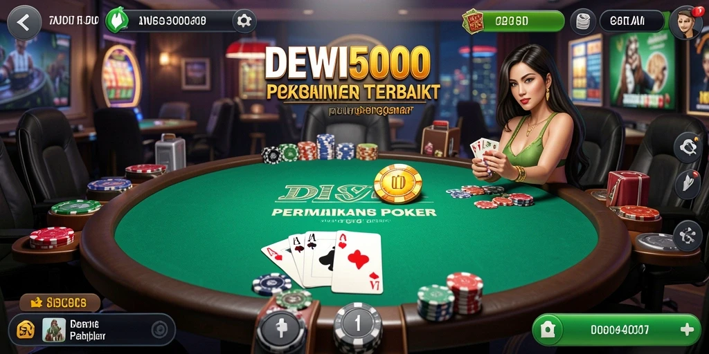 Screenshot DEWI5000 menampilkan tampilan gameplay Poker yang menarik.