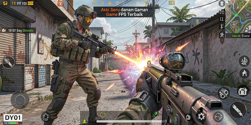 Screenshot gameplay DY01 menampilkan aksi tembak-menembak yang seru.