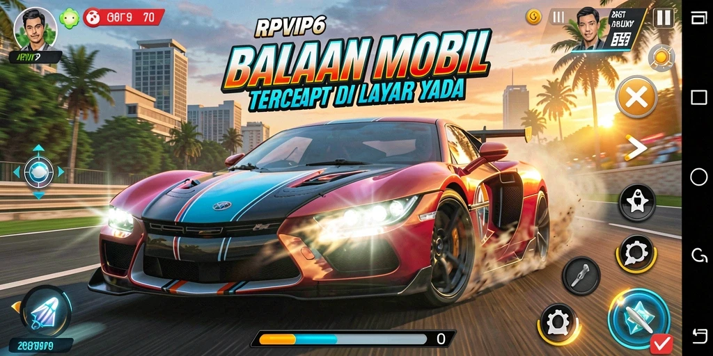 Tangkapan layar RPVIP6 menampilkan aksi balapan mobil yang mendebarkan.
