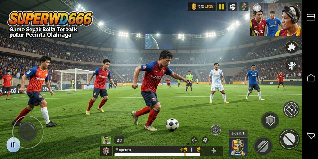 Screenshot utama <strong>SUPERWD666</strong> menampilkan aksi seru di lapangan sepak bola.