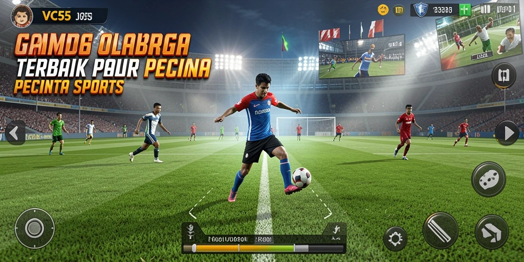 Tangkapan layar gameplay VC55 menampilkan aksi seru di lapangan olahraga.